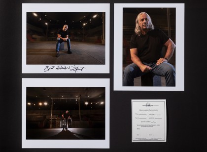 Photographed in Calgary, Alberta, at the Victoria Pavilion, March 15, 2022 -- This three print collection  is limited with a print signed by Bret Hart. **** ONLY 10 AVAILABLE **** Comes with letter of Authenticity and numbered -- Image size is 6x9 printed on 8x10 sheets .....a portion of the proceeds will go to an indigenous foundation Bret chose for his walk of fame donation